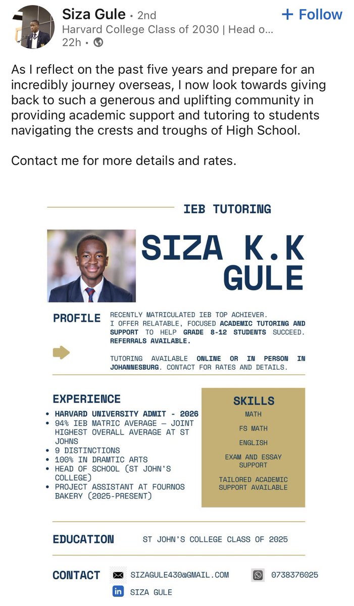 MsNtuli's tweet image. Siza Gule (9 distinctions, class of 2025) is offering academic support and tutoring to Grade 8-12 students online and in person (JHB) while he waits and prepares to leave for Harvard in August. All the details in the 📷. 🚀