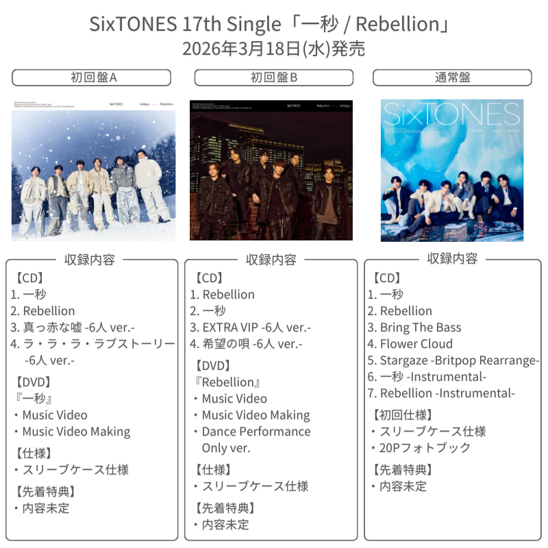 SixTONES 両A面シングル詳細】 💿3月18日発売 SixTONES 17th Single