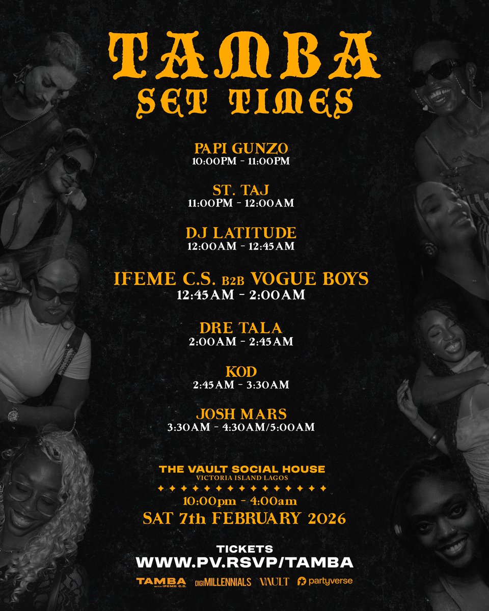 As the days draw closer, here are the set times for DJs at #TAMBA 🤩 this Saturday 7th of February. 

Let us know who you look forward to seeing 🚀

🗓️Saturday February 7, 2026
🕣10:00pm - 4:00am
📍The Vault Social House, VI

Get your TICKETS 🎫
pv.rsvp/tamba