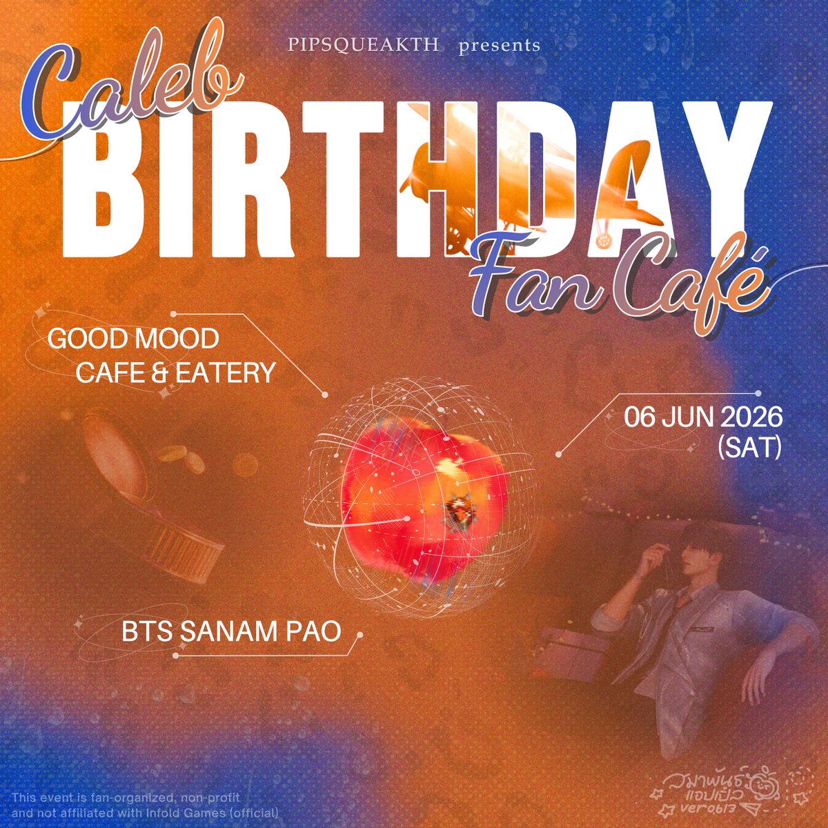 ˚ ₊  ‧ 🍎  ︵‿₊୨୧₊‿︵  🎂 ‧˚  ₊
꒰    Caleb Birthday Fan Cafe⠀ ꒱
     🧡 ︶⊹︶︶୨୧︶︶⊹︶ 🧡

🗓️ Saturday 6th June 2026
⌛️ 11:00 – 18:00
✈️ Goodmood Cafe &amp; Eatery (BTS สนามเป้า)

Save the date and stay tuned for more details ✨
แล้วมาพบกันนะคะ พิพส์🍎💕

#Caleb #เคเลบ