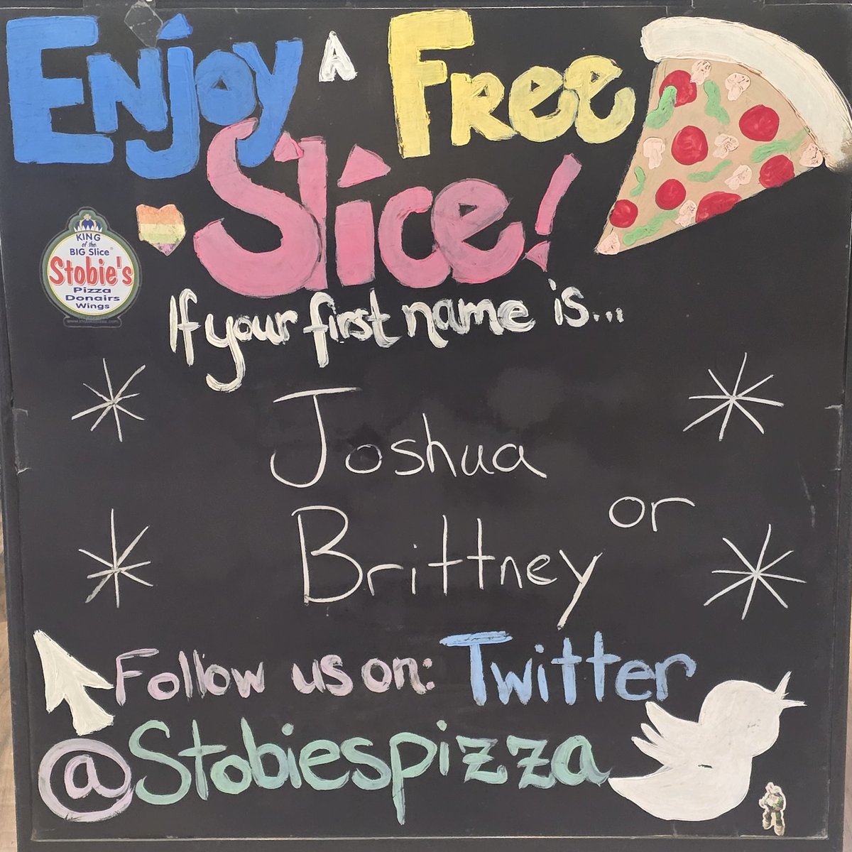 Enjoy a free🍕today if your first name is🥁🥁🥁🥁 Joshua or  
•
🍕
•
🍕
#Joshua #Brittney #nameday #kingofthebigslice®️👑
#StobiesPizza 

delivery starts at 11 AM 
Call 519-432-2228 or click or Uber Eats or DoorDash
☎️📲💻🍕🍗🌯🥟🥗🚗😍
🍕