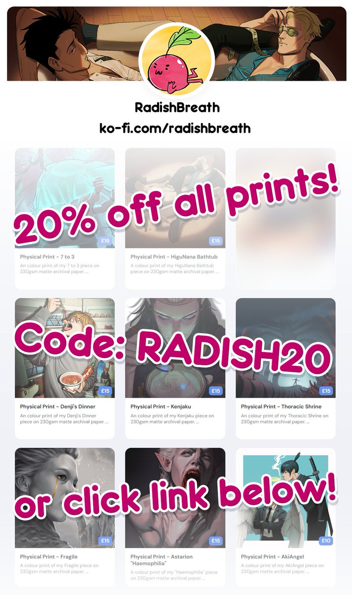 Rad1shBreath's tweet photo. I'm having a print sale! For the next week, you can get 20% off ALL prints in my shop by entering the code RADISH20 at checkout, or using the link:
https://t.co/10O7ywciW5 https://t.co/q1JZ23ITj9
