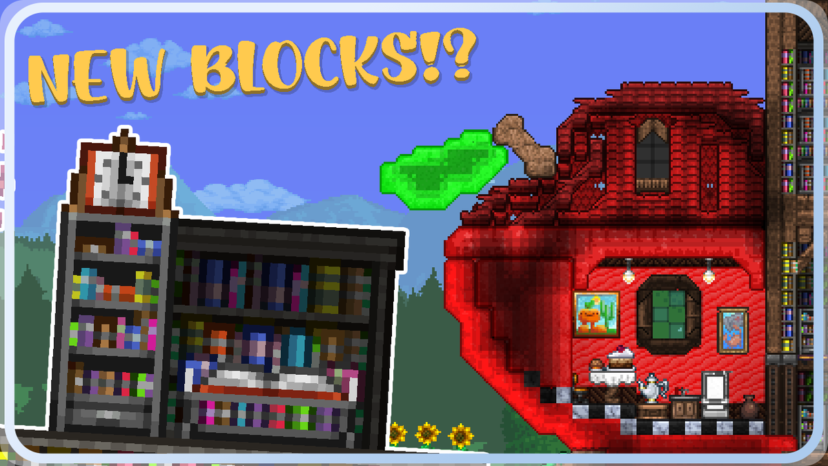 BlueJayTGaming's tweet photo. Soo I wanted to build a library with the new librarian blocks, probably the set I'm most excited for! And I decided like, instead of a boring library, how about a book that's a library??
Do you see my vision? #terrariabuild #Terraria https://t.co/QRLXAwC8EL