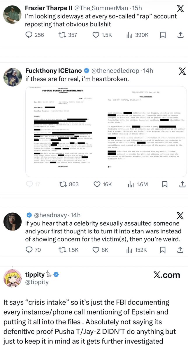 For 2+ years, fans and media trivialized child abuse and celebrated a song pushing false accusations as truth. Now that 2 artists they like are named in a FBI crisis intake form, these same people have excuses and suddenly they understand. 

These disgusting, performative