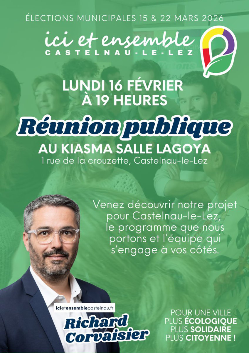 Réunion publique – ici et Ensemble

✅ Rendez-vous le 16 février à 19h, 
✅ Salle Lagoya – Kiasma, Castelnau le lez

Richard Corvaisier et son équipe vous invitent à une réunion publique de « ici et Ensemble ».