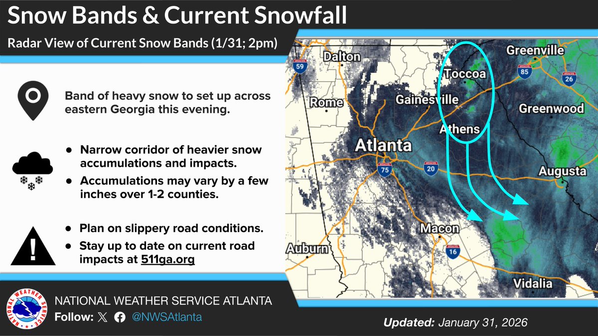 Here's a look at the area with the greatest potential for further snow accumulations over the coming hours. Further snow remains possible over to the ATL metro, however this will begin to taper off over the coming hours and little to no further accumulations are expected. #gawx