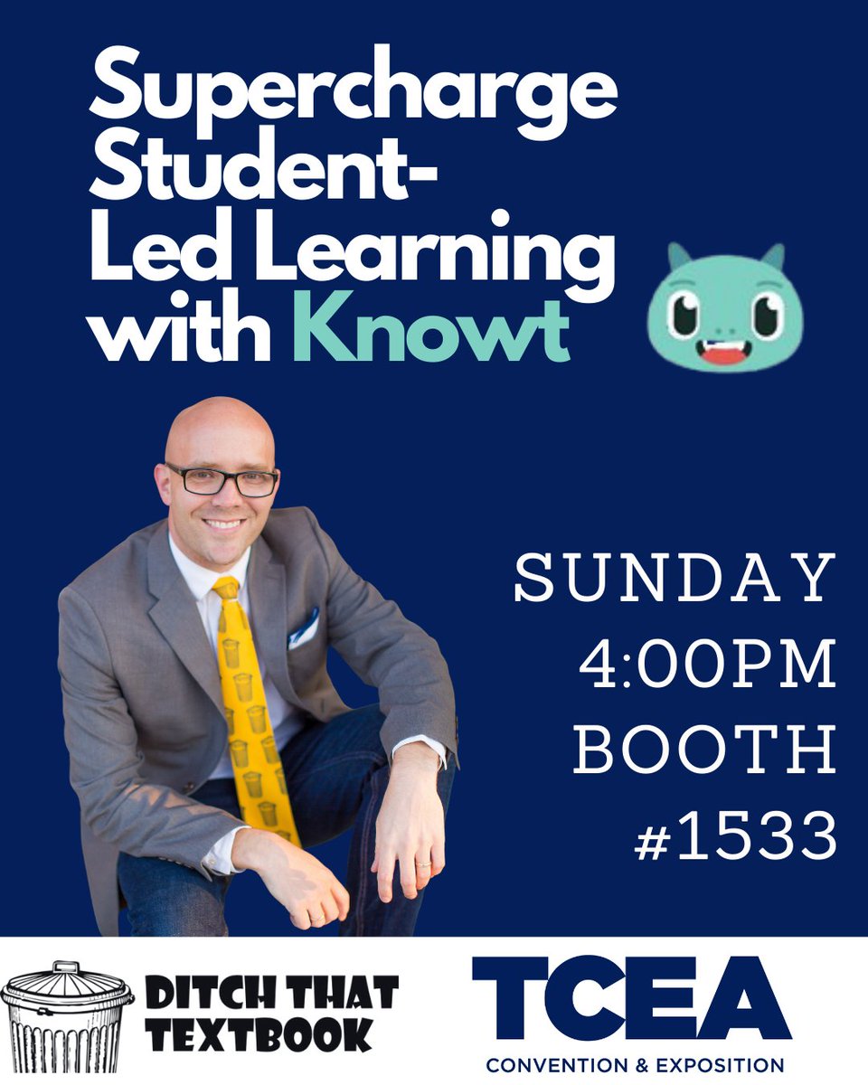 jmattmiller's tweet image. Let’s put the power of learning back in the hands of our students! 🧠💻

I’m heading to the @KnowtTeam booth this Sunday afternoon to talk about how to "Supercharge Student-Led Learning".

When: Sunday, 4:00 PM
Where: Booth #1533

Wrap up your first day at #TCEA with some fresh
