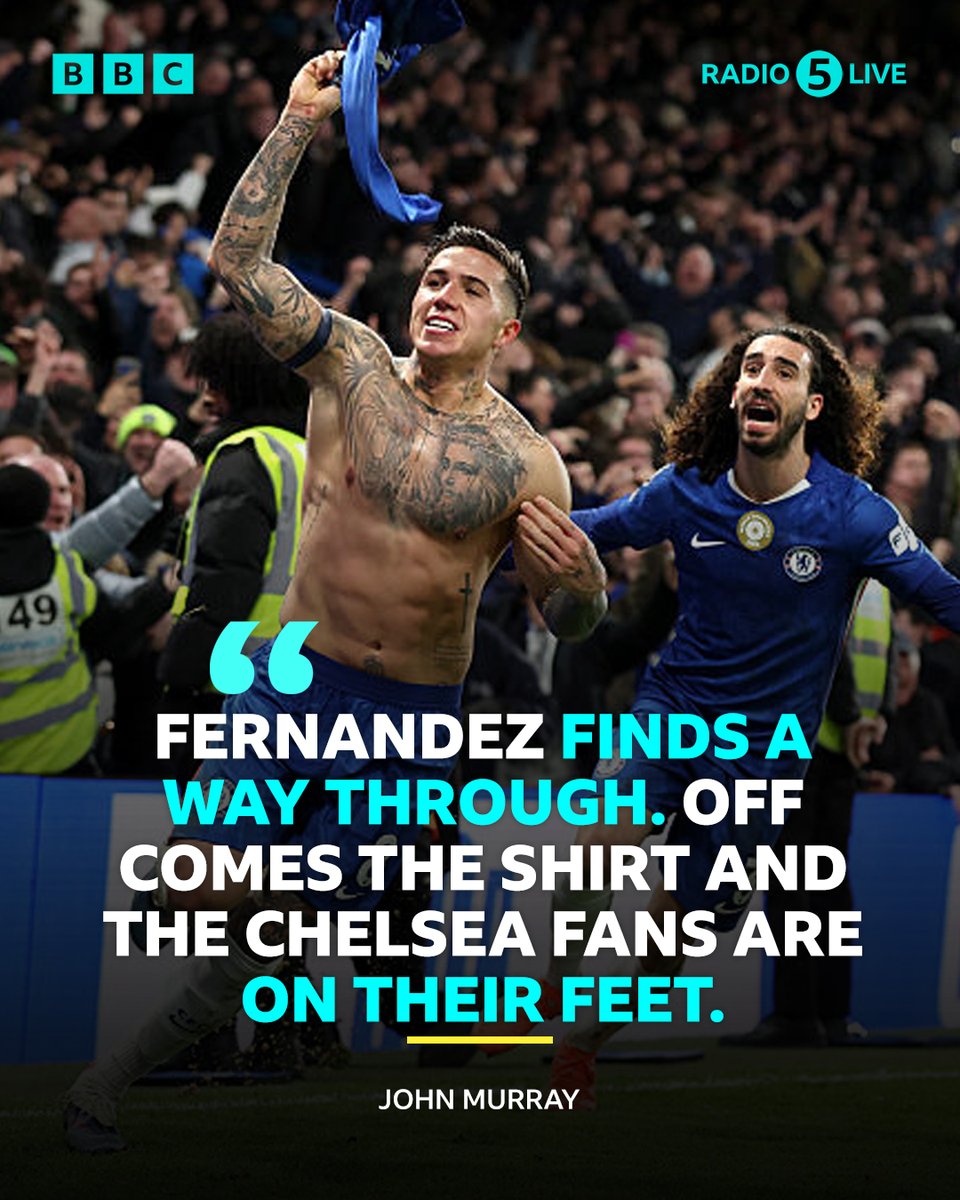 5liveSport's tweet photo. Chelsea have done it! 🤯

Enzo Fernandez arrives into the box to score the goal that gives Chelsea their first ever win in the #PremierLeague in 57 attempts when trailing by two goals at half-time! 👏

FT: 🔵 Chelsea 3-2 West Ham ⚒️

#BBCFootball #WHUCHE https://t.co/bGP8kBcYAo