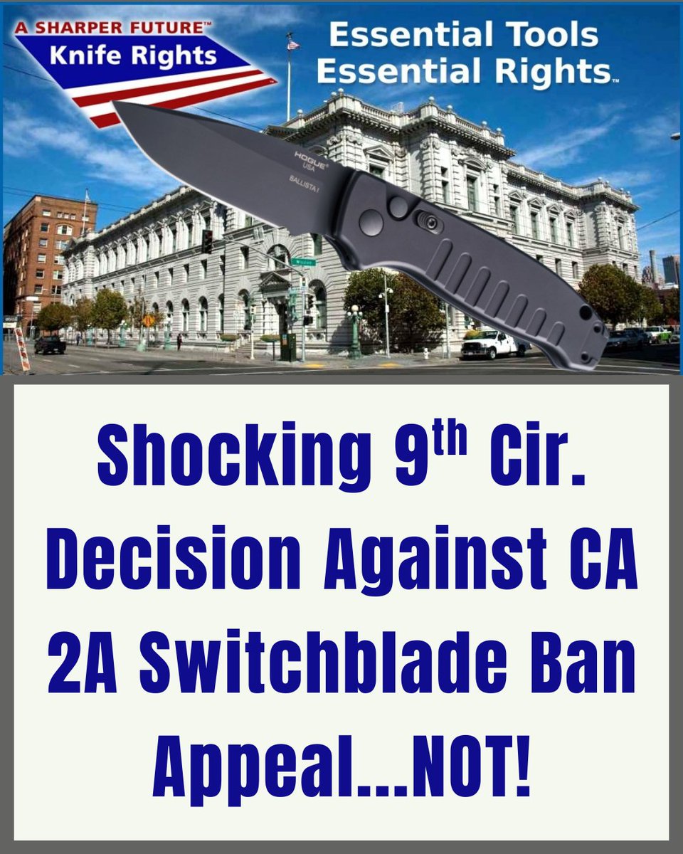 The Ninth Circuit has upheld California’s switchblade ban—by rewriting the law to pretend it’s only a “concealed carry” restriction. That’s not what the statute says.

Knife Rights is evaluating next steps. The fight isn’t over.

LINK IN BIO

#KnifeRights #SharperFuture