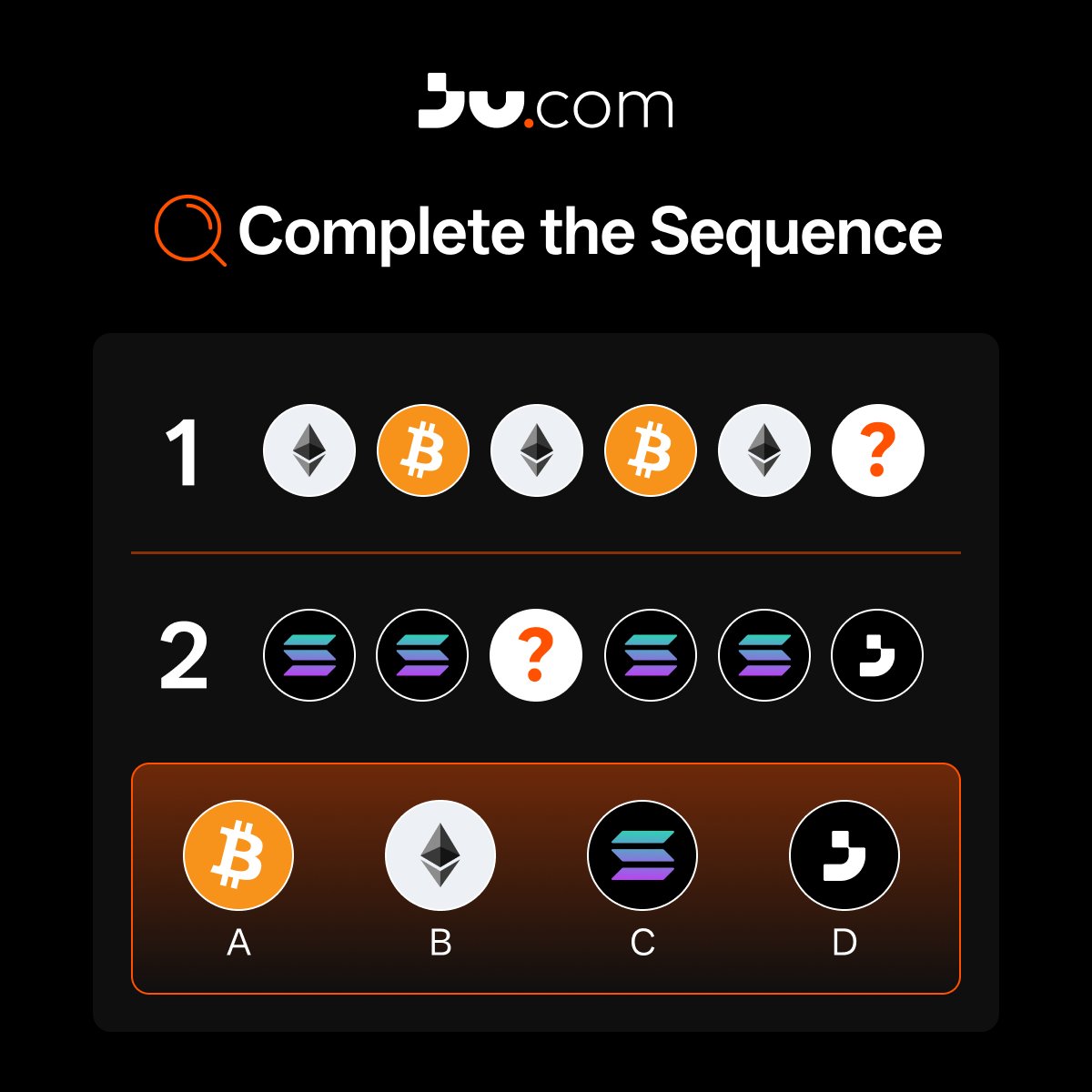 Jucom_Official's tweet photo. 🥳 https://t.co/WONBZycqFo Happy Saturday Mini-Game!

Can you complete the token sequence for Q1 & Q2? 🔎

How to join:
✅ Follow @Jucom_Official & @Jucom_ZH
✅ Like, RT, and tag 3 friends
✅ Comment your answers (e.g., 1A + 2C)

💰 3 lucky winners will each receive 10 USDT

⏳ Ends in 48H. Go 👇

#Jucom #Giveaway #CryptoGame #CryptoQuiz