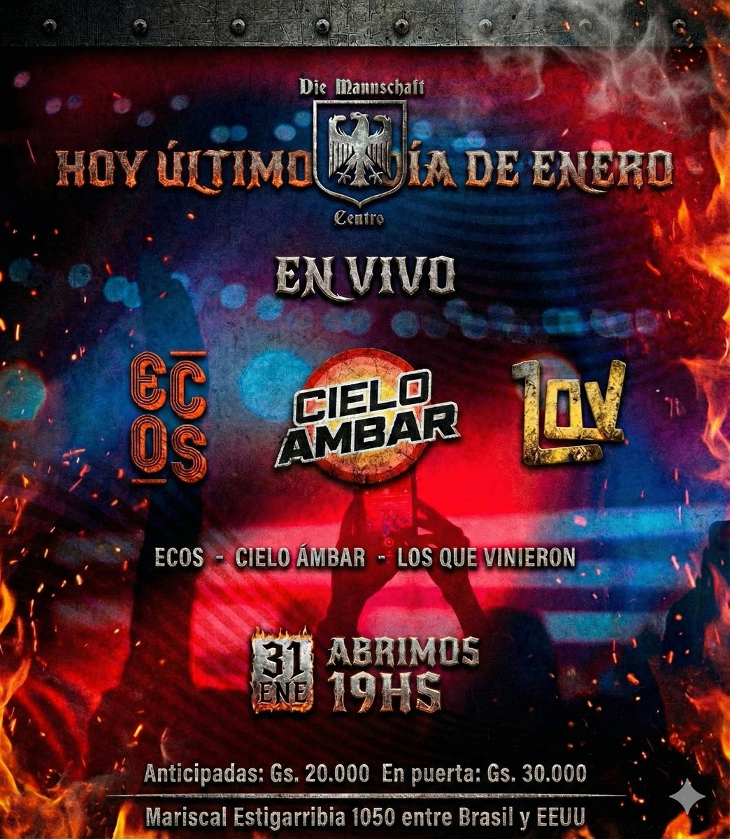 HOOOOY SÁBADO ÚLTIMO DE ENERO 31/01 de ROCK NACIONAL 🤘🏻🇵🇾 <a href="/cieloambar_py/">Cielo Ambar</a> <a href="/LosQueVinieron/">Los Que Vinieron</a> &amp; @ecosbandpy  en vivo en el CENTRO.
*ABRIMOS 19hs con 2x35mil en @pilsenpy &amp; munichparaguay Lt.
📍Mcal Estigarribia 1050 c/ EEUU.
PROST! 🍻🤘🏻💥🇵🇾🇩🇪