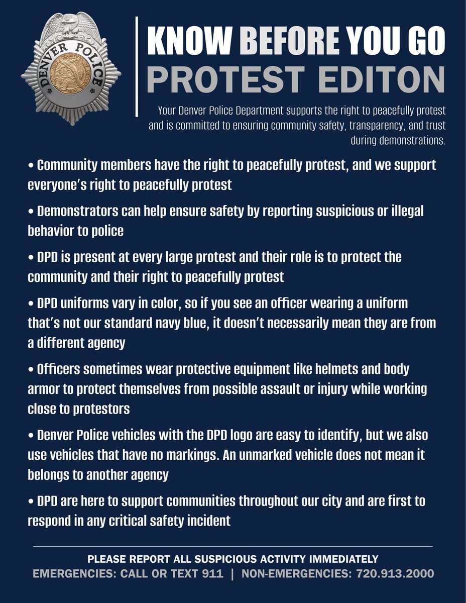 DenverPolice's tweet photo. #Denver Police have officers on-hand to respond to any safety issues related to two separate demonstrations today (one in the Cherry Creek area this morning and one in the State Capitol area this evening). Here's some info for participants to "Know Before You Go". https://t.co/m6RQY45VNT