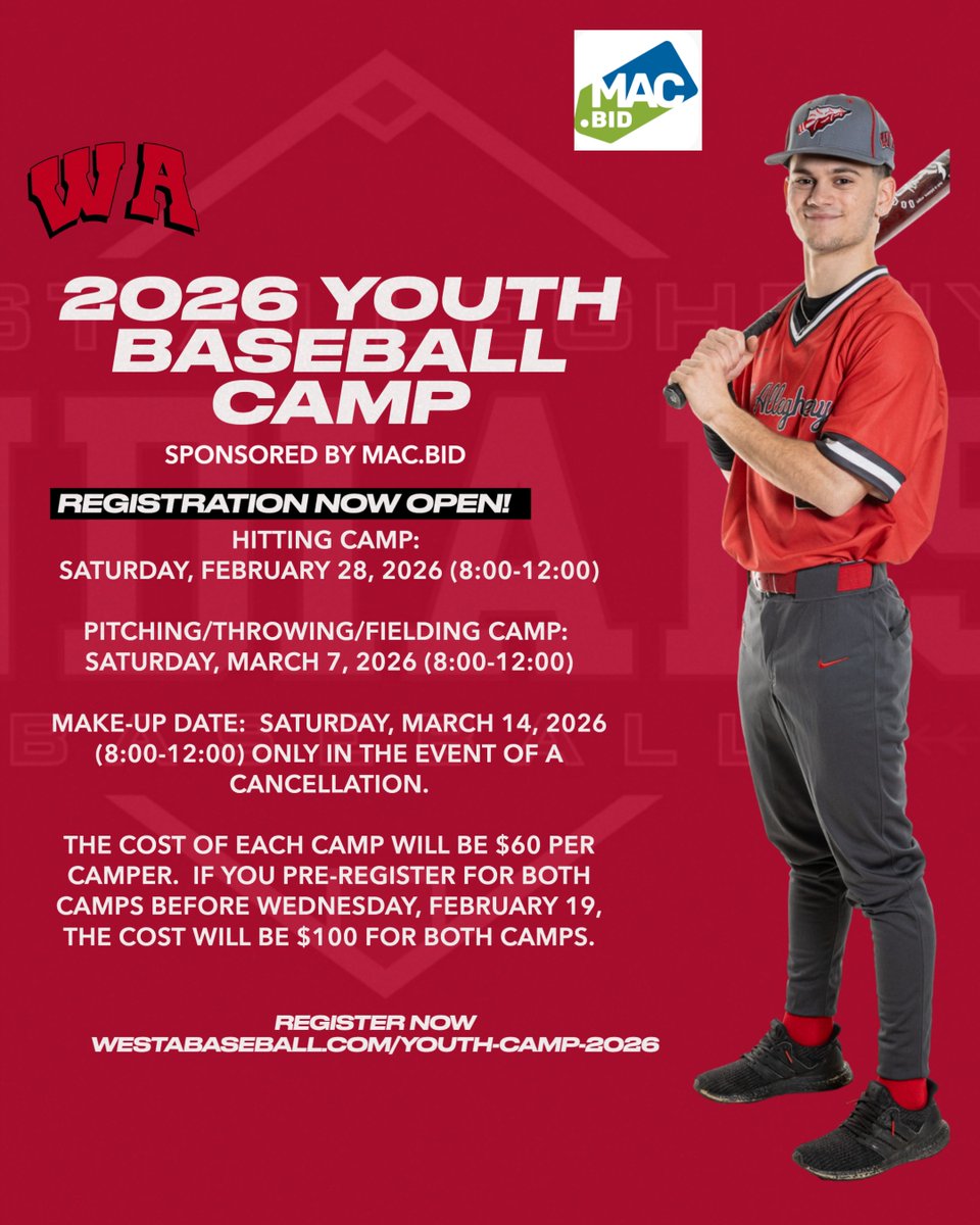 WestA_Baseball's tweet image. Spots are going fast for our 2026 Youth Baseball camp sponsored by Mac.Bid. Sign up today