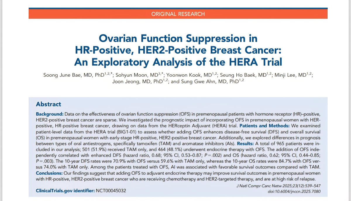 dr_yakupergun's tweet photo. HERA trial: 
In premenopausal HR+/HER2+ eBC, adding OFS to adjuvant ET significantly improves DFS and OS vs TAM alone (10-yr DFS 70.9% vs 59.6; OS 84.7% vs 74.0). 

AI + OFS is associated with superior DFS and a favorable OS trend versus TAM + OFS

https://t.co/8XvQErCF8o https://t.co/eJykJlgWFJ