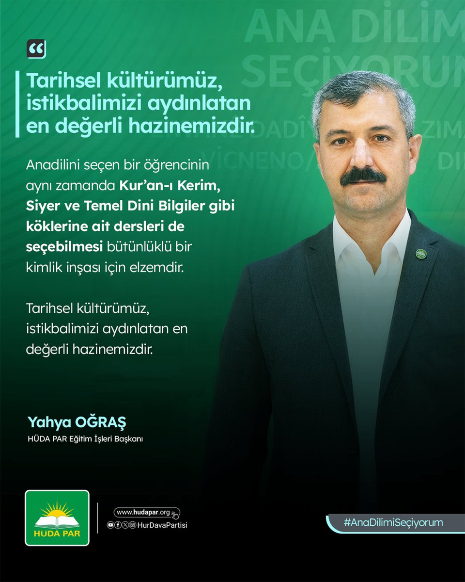 "Anadilini seçen bir öğrencinin aynı zamanda Kur’an-ı Kerim, Siyer ve Temel Dini Bilgiler gibi köklerine ait dersleri de seçebilmesi bütünlüklü bir kimlik inşası için elzemdir. Tarihsel kültürümüz, istikbalimizi aydınlatan en değerli hazinemizdir."

#AnaDilimiSeçiyorum

Yahya
