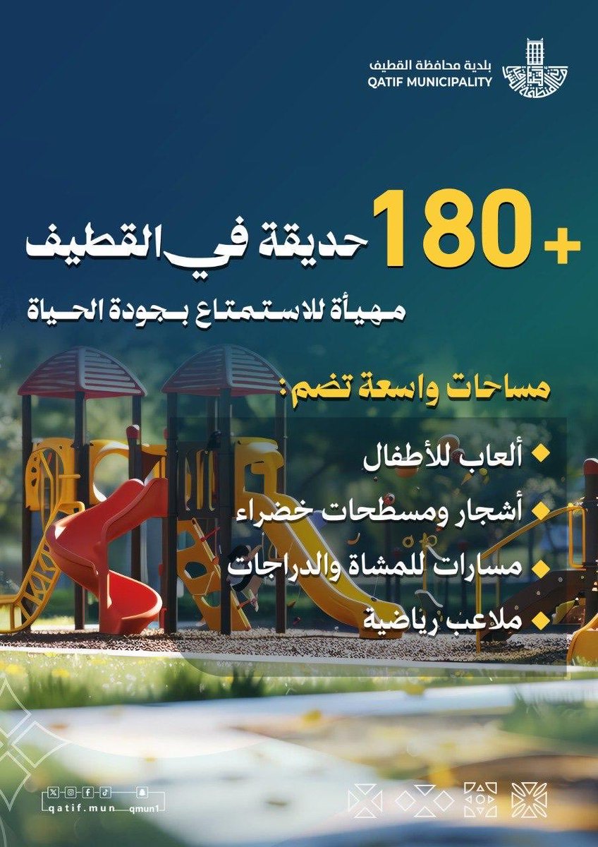 qatif_mun's tweet photo. ▫️أكثر من 180▫️
حديقة في القطيف🏞️

مهيأة للاستمتاع 
• بجودة حياة تُرى وتُعاش🌳

🔹مساحات واسعة تضم:

• مناطق لألعاب الأطفال🛝
• مسطحات خضراء🌱
• مسارات للمشاة والدراجات 🚴‍♀️
• ملاعب رياضية ⚽

#القطيف
#بلدية_القطيف
#جودة_الحياة https://t.co/PcAaanMdCm