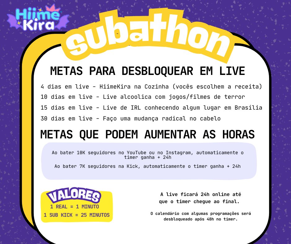 ✨HOJE É DIA DE SUBATHONNNNN 🥳

Tô muito ansiosa para passar muito tempo fofocando com vocês em live e jogando várias coisas legais. 

Estaremos ao vivo a partir das 17h lá na Kick (kick.com/hiimekira)

Vou deixar aqui algumas informações para vocês 🥰