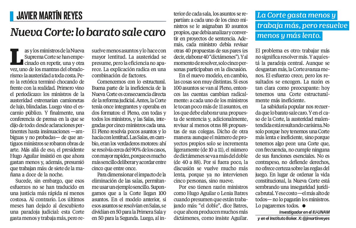 jmartinreyes's tweet image. La Nueva Corte presume austeridad y jornadas eternas.

@LeniaBatres dice que trabajan “el doble”; @HugoAguilarOrti, que de 7 am a medianoche.

Pero la paradoja es brutal: trabajar más no significa resolver más.

Hoy tenemos una Corte que gasta menos y se desgasta más… pero…