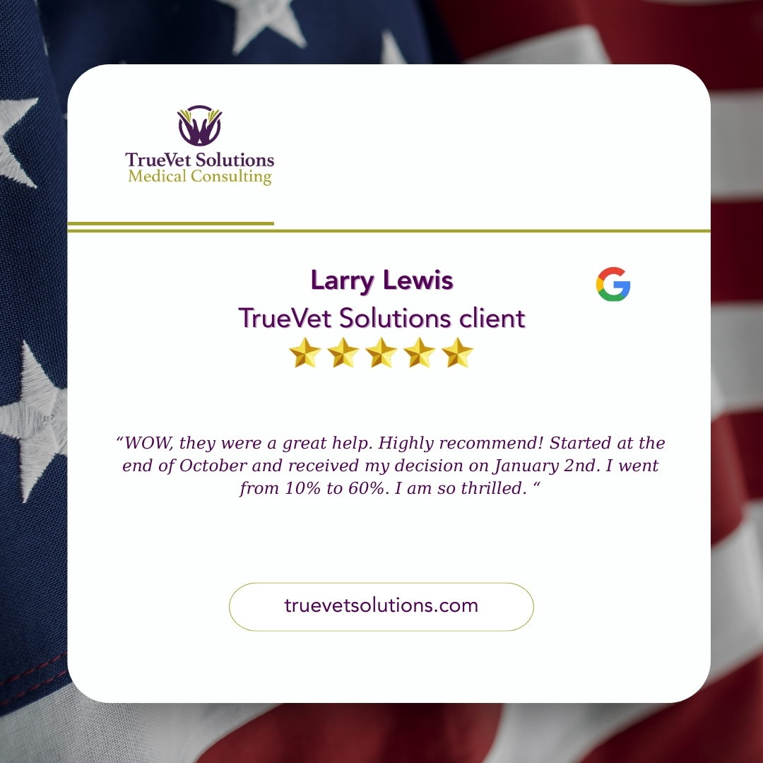 TrueVetSolution's tweet photo. Check out this review on Google from Larry Lewis - WOW, they were a great help. Highly recommend! Started at the end of October and received my decision on January 2nd. I went from 10% to 60%. I am so thrilled. https://t.co/664zMgzAh8 https://t.co/u1K45BcotW