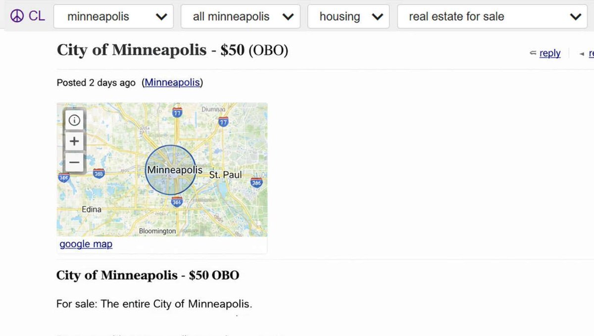 TheBabylonBee's tweet photo. U.S. Posts Minneapolis On Craigslist ($50 OBO) https://t.co/R9038hfx83 https://t.co/Jg1rDg3GdP