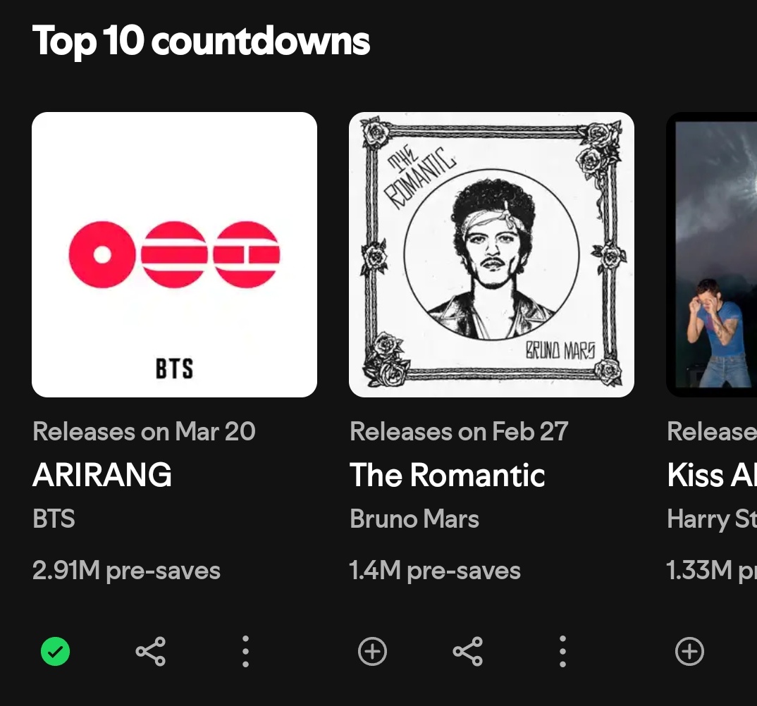 ARIRANG remains at #1 surpassing 2.91M(+30K) presaves on Spotify Countdown!