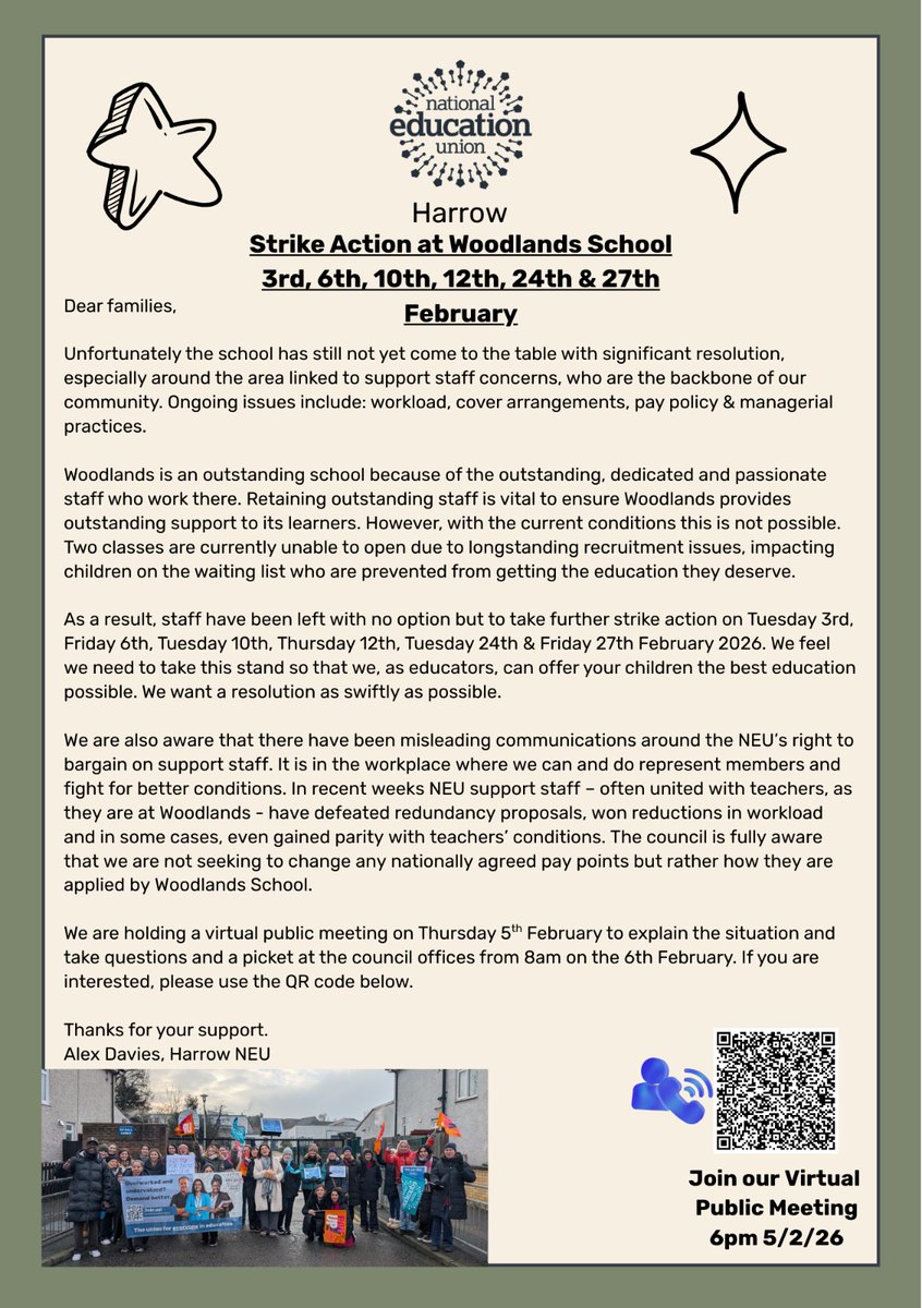 HarrowNeu's tweet photo. Information about upcoming strike action at Woodlands School https://t.co/IRpuFOap0j