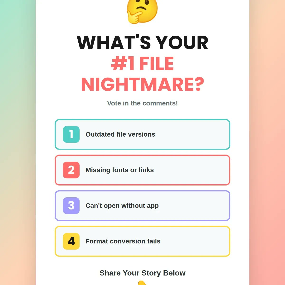 Markzware's tweet image. What’s your #1 file nightmare? 🤔
1 outdated versions
2 missing fonts or links
3 can’t open without the app
4 conversion fails

Drop the number in the comments and share your file horror story.

#GraphicDesign #FileConversion #DesignLife