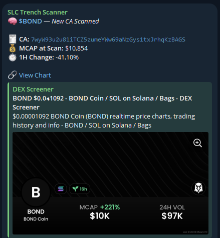 scanner_SLC's tweet photo. $BOND ran 1,625%+ after SLC's Trench Scanner alert!

7wyW93u2u81iTCZ5zumeYWw69aNzGys1txJrhqKzBAGS
____
Interested in the SLC Trench Scanner? DM “Access” to @scanner_SLC
—
Interested in the SLC Black Ledger Discord? Apply at https://t.co/AfPL8OVfsO
—— https://t.co/c05IONy7KH