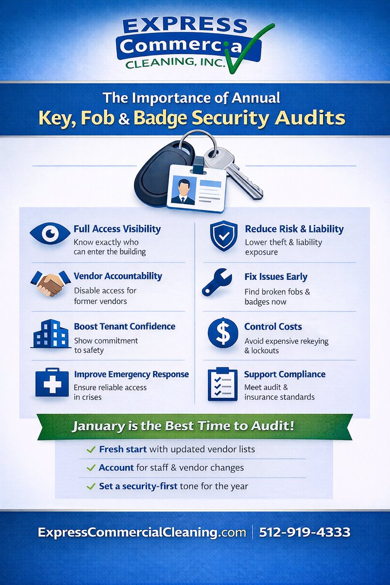 ExpressCC's tweet photo. Recommended for PM's and FM's early each year. 
A key/fob/badge security audit🔑 ensures access visibility, reduces risk, and boosts tenant confidence. January is the perfect time to audit vendor access &amp; stay secure.🏢🔒
#IFMA #CRE #commercialcleaning #propertymanagement https://t.co/pD4UTeSpuA