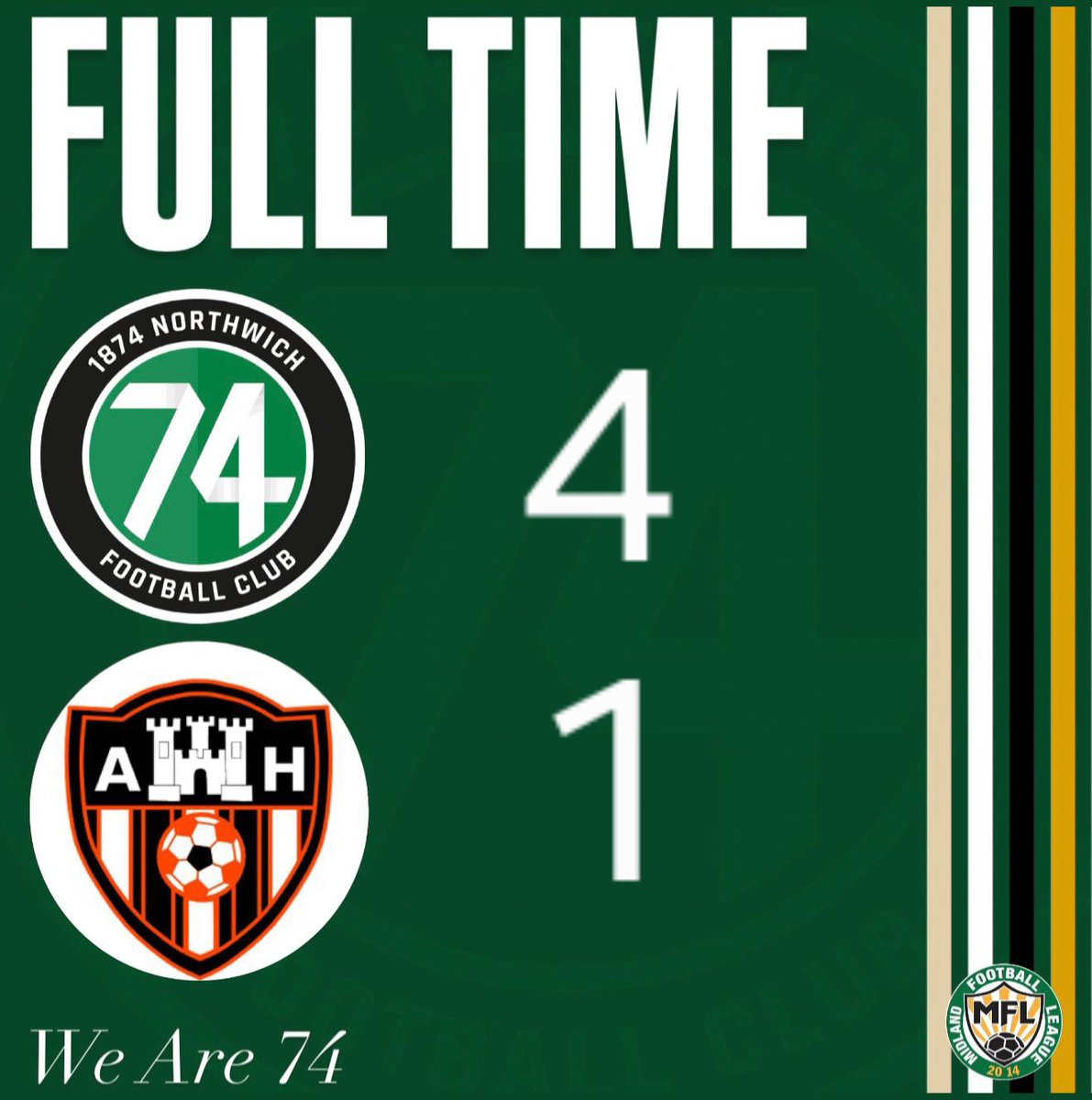 Full Time - 74 4-1 Abbey Hulton
A sensational first half, followed by a professional second see 1874 take a massive, well deserved three points!

#WeAre74