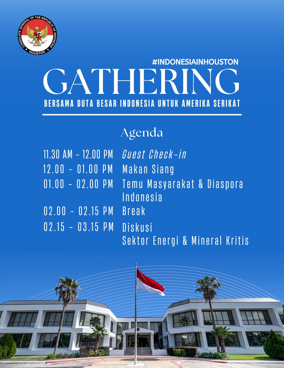 #IndonesiainHouston Gathering Bersama Duta Besar Indonesia untuk Amerika Serikat

RSVP (by 4 Feb) via bit.ly/KJRIGathering2…

Akses Parkir:
Parkir tersedia di 11000 Richmond Ave, Houston, TX 77042

Momen ini akan menjadi kunjungan pertama Duta Besar Indroyono Soesilo ke Houston.