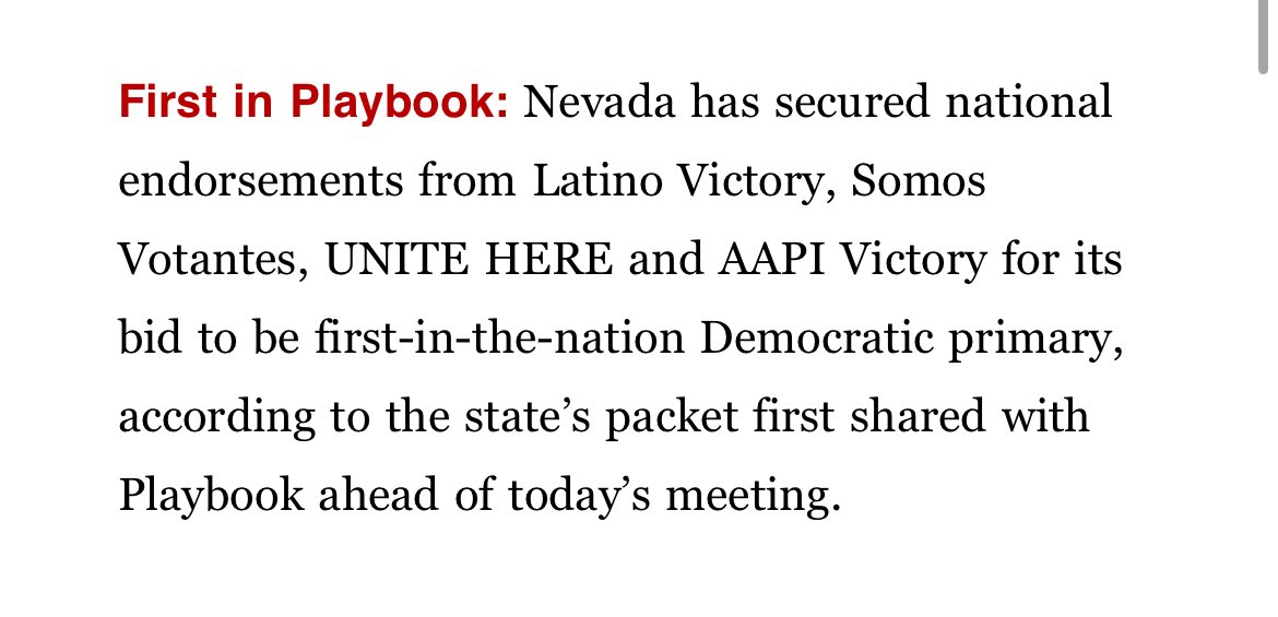 adamwren's tweet photo. Scoop in @playbookdc: Nevada has secured national endorsements from Latino Victory, Somos Votantes, UNITE HERE and AAPI Victory for its bid to be first-in-the-nation Democratic primary. https://t.co/e0ydsTiqHT