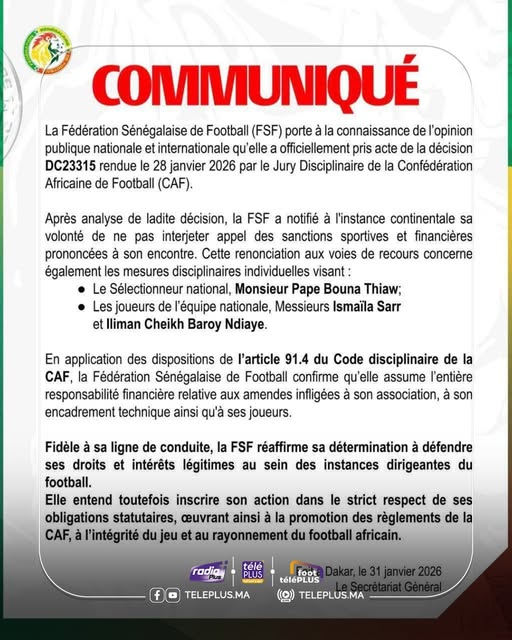 الجامعة السنغالية تطوي ملف العقوبات: لا استئناف لقرارات الكاف وتكفّل كامل بغرامات ثياو واللاعبين.