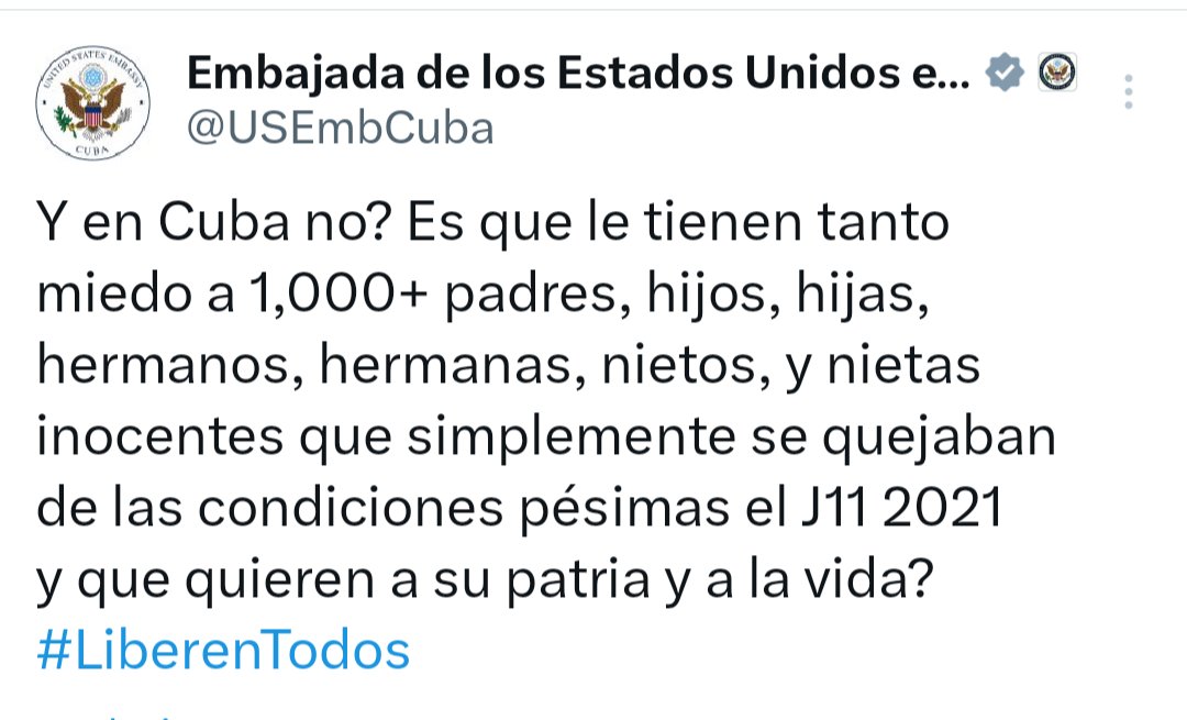 ThayzzySmith's tweet photo. 🇺🇸🇨🇺‼️ATENÇÃO. A Embaixada dos Estados Unidos em Cuba exige a libertação de todos os presos políticos.

Mais de 1.000 pessoas inocentes foram sequestradas pelo regime cubano.

#LibertemTodos 🇨🇺 https://t.co/39PXN8jnsK