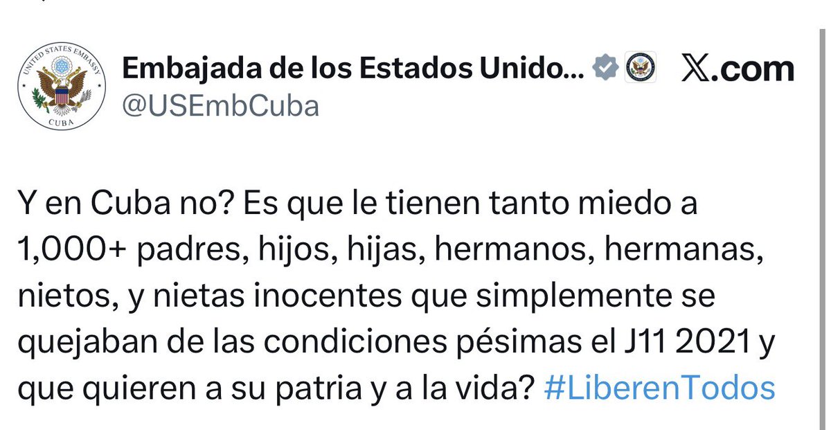 Jhonffonseca's tweet image. ¡URGENTE!

La Embajada de los Estados Unidos en Cuba EXIGE la liberación INMEDIATA de TODOS los presos políticos.

Más de 1.000 inocentes —hombres, mujeres y jóvenes— permanecen SECUESTRADOS por el régimen cubano solo por pensar diferente.

¡Es hora de alzar la voz! ¡Libertad…