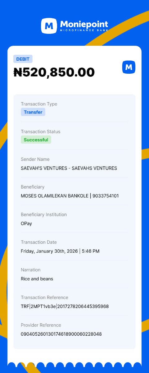 SatoeeY50934's tweet photo. My account details 5360340530
SAEVAH'S VENTURES. The opay account and the receipt of payment.. 9033754101 , Moses Bankole https://t.co/mxh1MwAwHa