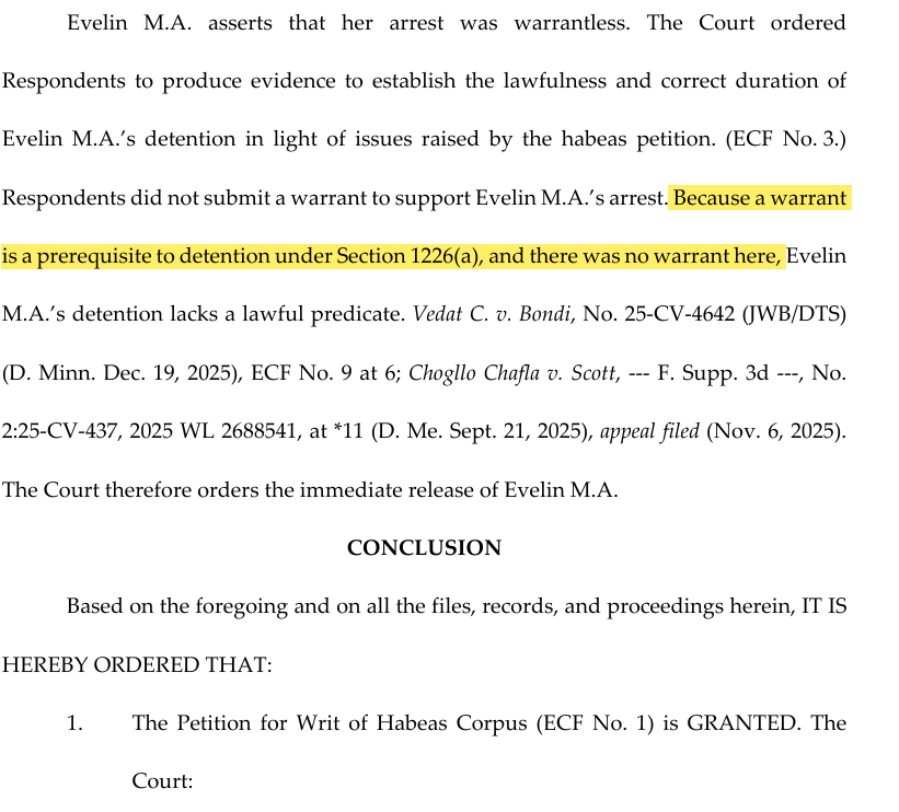 Here is another randomly picked case and cited order.

There is absolutely nothing in this order that constitutes ICE's violation of a court order unless Schlitz is referring to lack of warrant, which is not at all a settled issue.

I truly hope the DOJ calls Schlitz out for