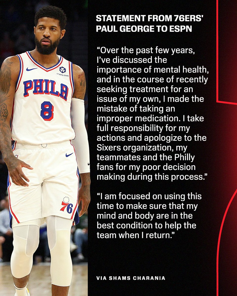 SportsCenter's tweet image. Paul George shared a statement following his 25-game suspension for violating the terms of the NBA/NBPA Anti-Drug Program. (via @ShamsCharania)