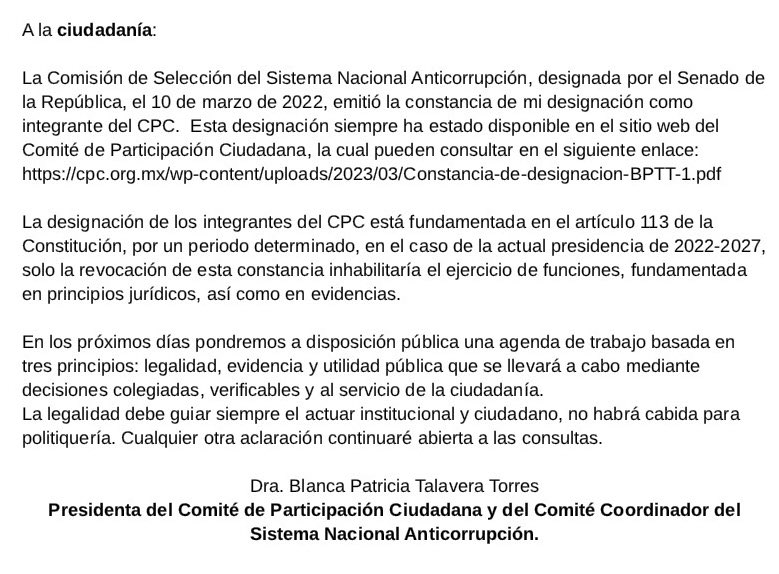 A la ciudadanía les comparto la siguiente aclaración. Continuamos trabajando con legalidad, evidencia y utilidad pública. #SNA #Transparencia #legalidad 
Excelente fin de semana.