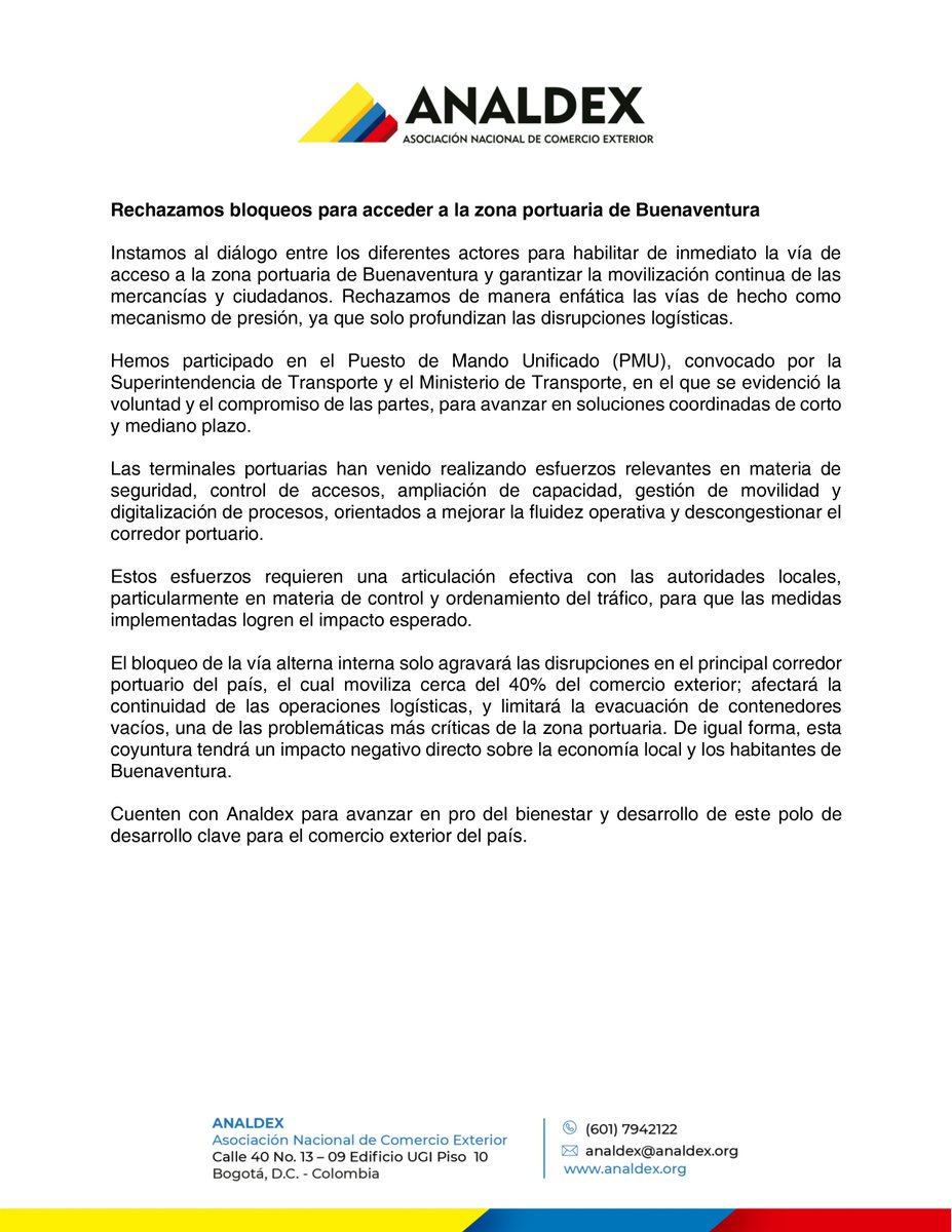 Rechazamos bloqueos para acceder a la zona portuaria de Buenaventura.