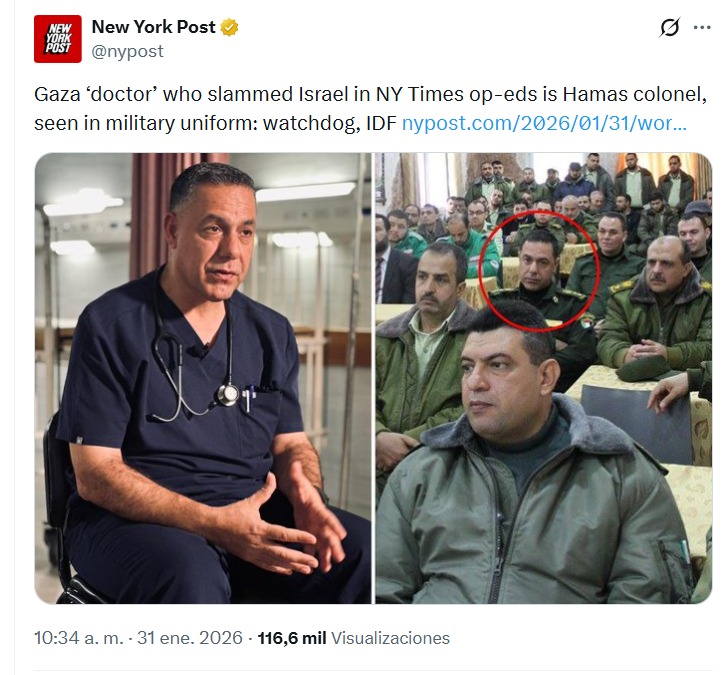 El "médico" de Gaza que criticó a Israel en editoriales del New York Times es un coronel de Hamás, visto con uniforme militar, según organismo de control y FDI.
