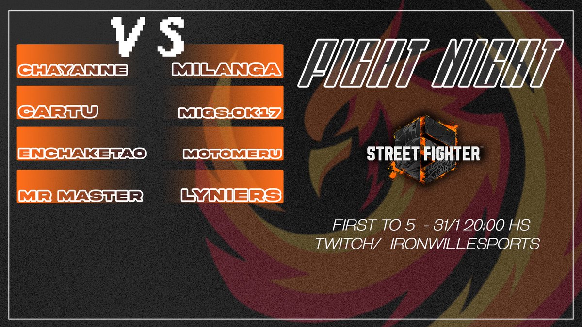 Otro sábado de FTs de Street Figter 6 en el canal de Ironwill 🔥🔥🔥

No se pierdan estos FT5 esta noche a las 20hs!

twitch.tv/ironwillesports