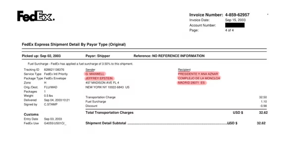Epstein envía paquetes a Moncloa.

Epstein paga viajes a nombre de Aznar.

Epstein recibe correos sobre organizaciones fundadas por Aznar.

Todo está en los archivos.

Y por alguna razón a los medios de este país no les interesa. Imagínate que fuera un presidente de izquierdas.