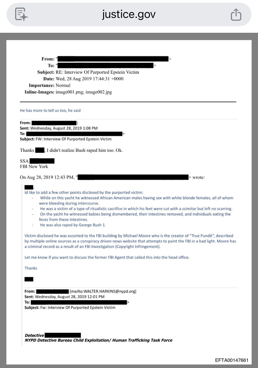 피해자는 엡스틴의 요트에서 흑인 남성들이 금발 백인 여성들과 성관계를 갖는 모습을 목격했으며, 여성 모두는 피를 흘리고 있었다.

아기들의 신체를 절단하고 장기를 제거한 후, 사람들이 그 장기에서 꺼낸 대변을 먹는 모습을 목격했다.

그는 또한 조지 부시 1세에게 성폭행을 당했다.