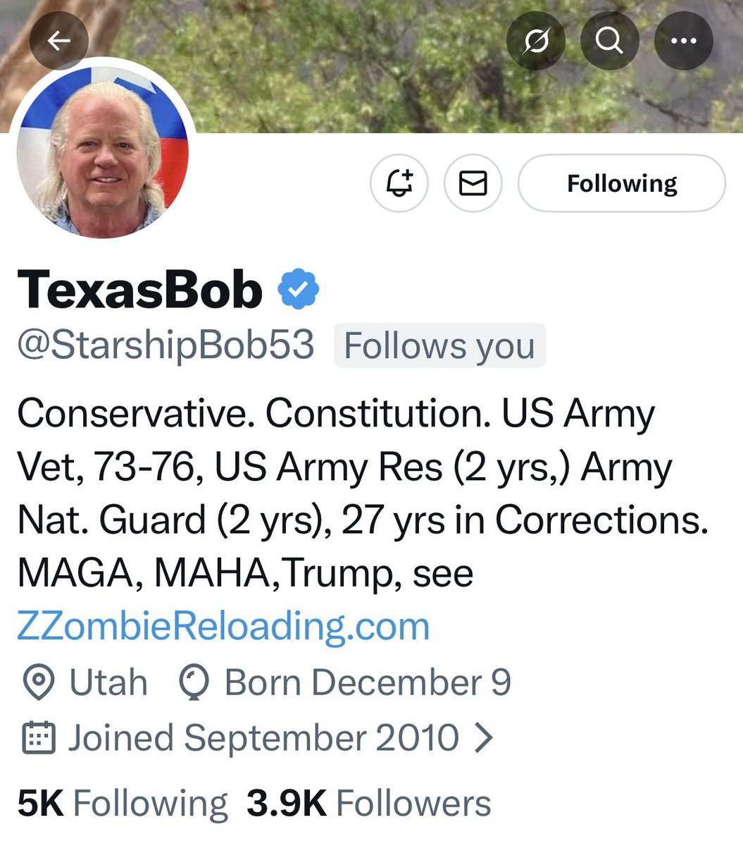 Please meet <a href="/StarshipBob53/">TexasBob</a>.

Bob is a US Army Veteran and a great Patriot.

Please consider supporting Bob.

Thank you for your service.🫡
