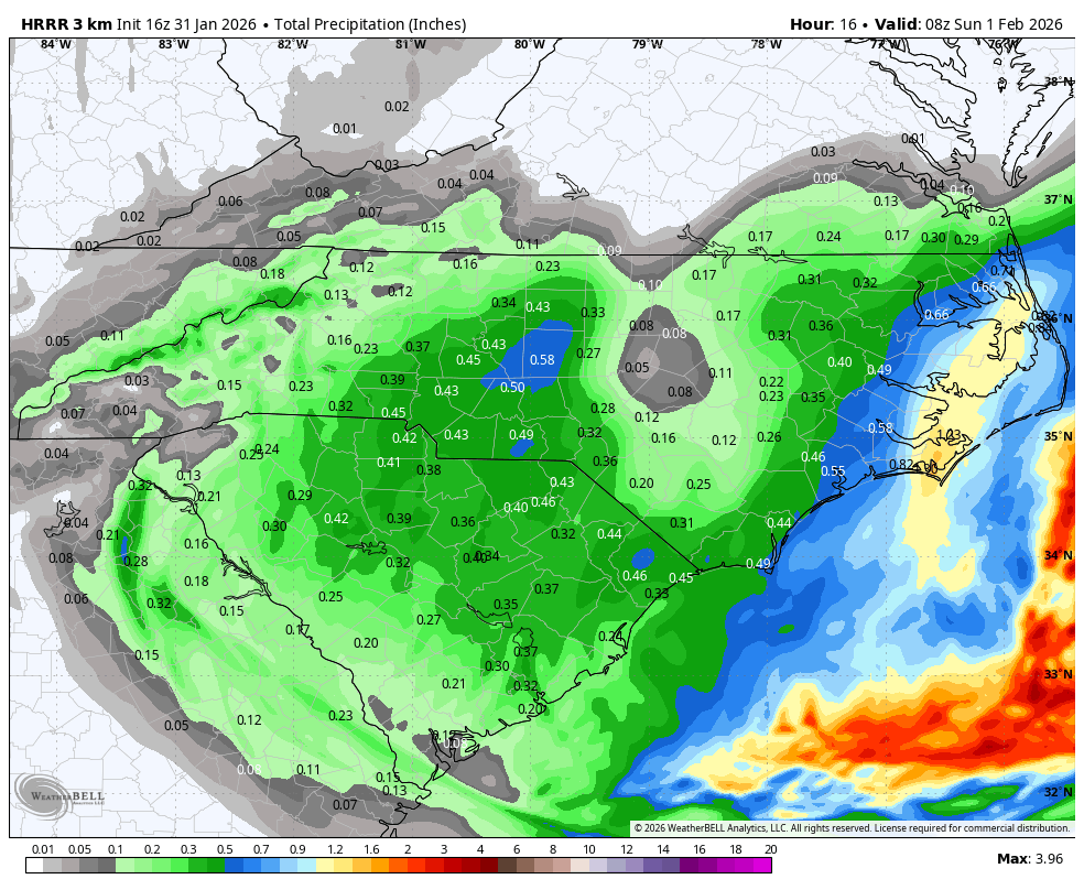 The Raleigh "forcefield" everyone jokes about showing up on the latest hourly models. This would translate to ~1.2" snow by tonight using a 15:1 snow ratio. We do still expect some snow later but definitely less.