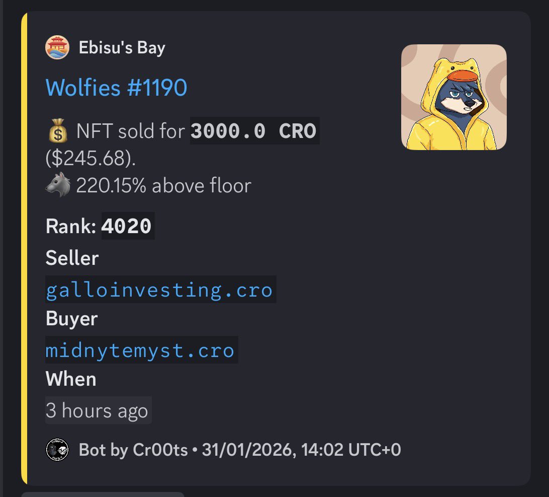 wolfieduckYC's tweet image. Someone is ready to Duck Around and Find Out #DAFO 

Will you join the club? Only 3 for sale on @EbisusBay and 3 on @MintedNetwork. 

Floor is 3K $CRO

The Nest opens 02/02/26 in @pawsflow Discord.