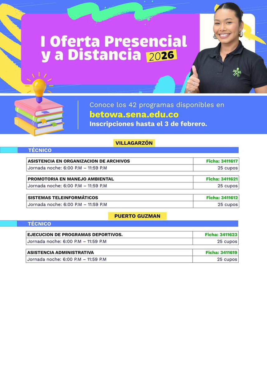 📢 ¡La espera terminó! Estos son los programas disponibles del alto y medio Putumayo para la I Oferta de formación presencial 2026 .

📍 Elige el tuyo y asegúrate de estar listo este 29 de enero . Las inscripciones estarán abiertas en betowa.sena.edu.co🔗