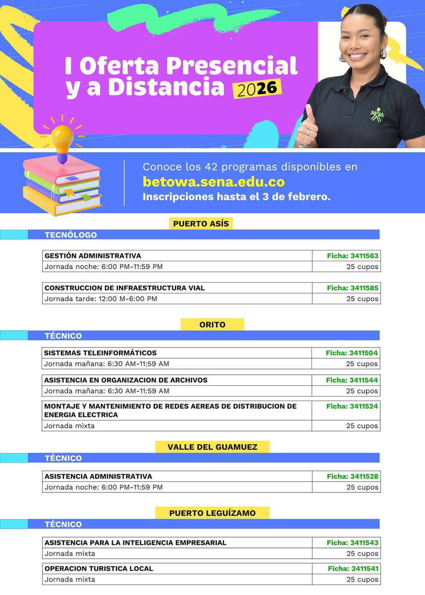 📢 ¡Atención Bajo Putumayo! Estos son los programas disponibles para la I Oferta de formación presencial 2026 .

📍 Elige el tuyo y asegúrate de estar listo este 29 de enero . Las inscripciones estarán abiertas en betowa.sena.edu.co🔗