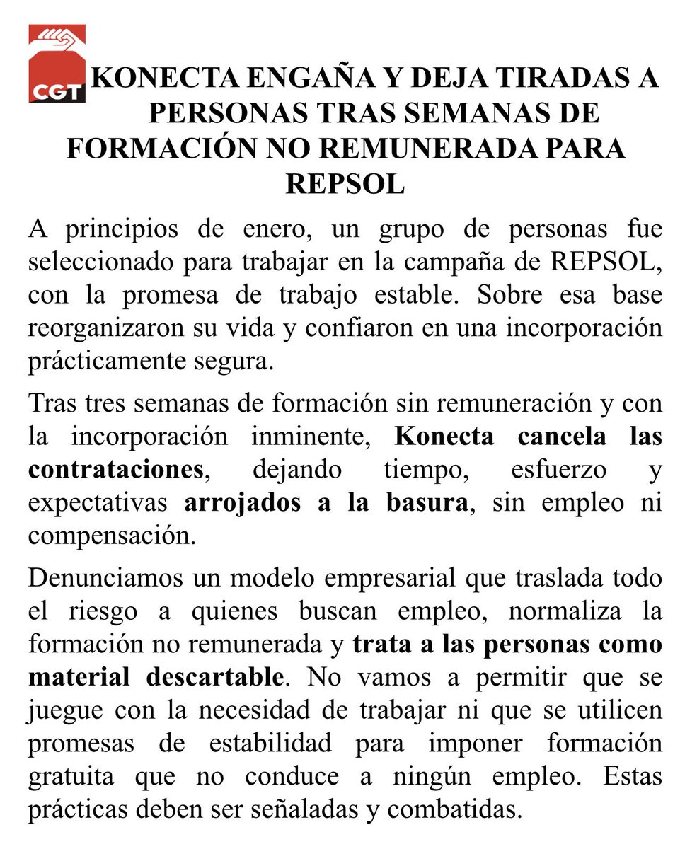 🗣️Konecta engaña y deja tiradas a las personas tras pasar la formación 

👉Tras contratar a estas personas, Konecta de forma prepotente y sin mas opciones decide anularles los contratos sin dar mas explicaciones 

<a href="/Repsol/">repsol</a> y <a href="/gkonecta/">Konecta</a> ¡Que vergüenza tratar así a las personas! 

👇
